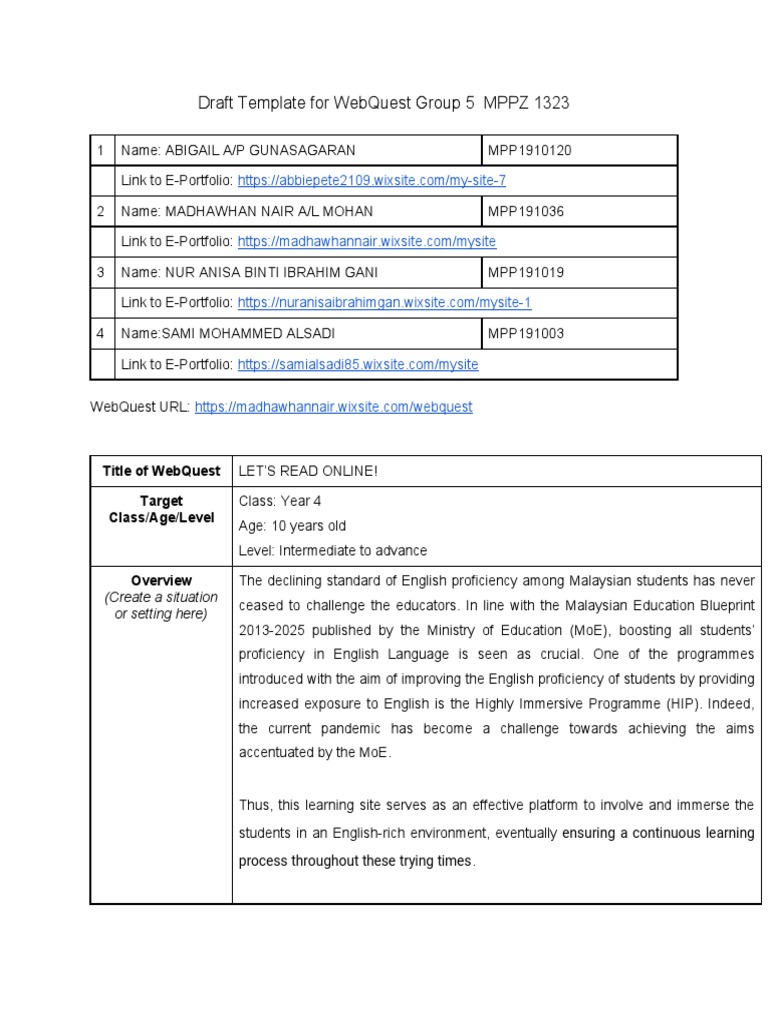 WebQuest Template for Year 4 Reading | PDF | Reading Comprehension ...