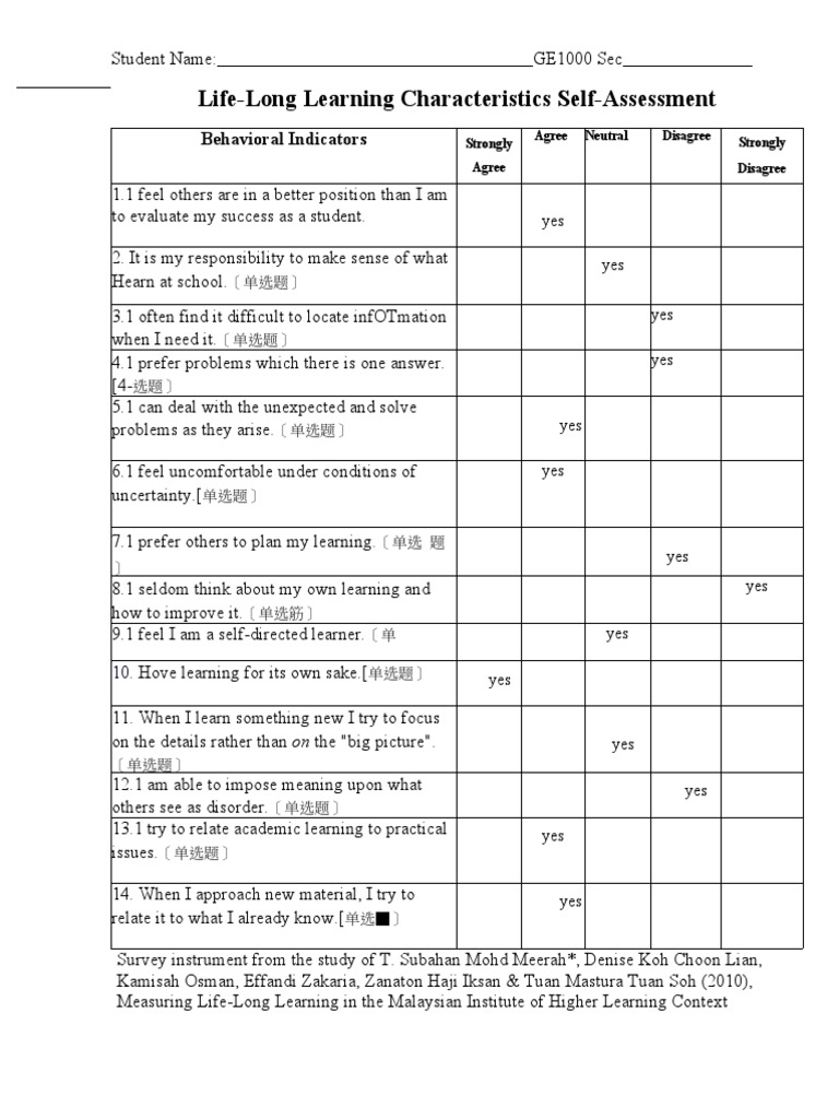 Life-Long Learning Self-Assessment Survey | PDF | Career & Growth ...