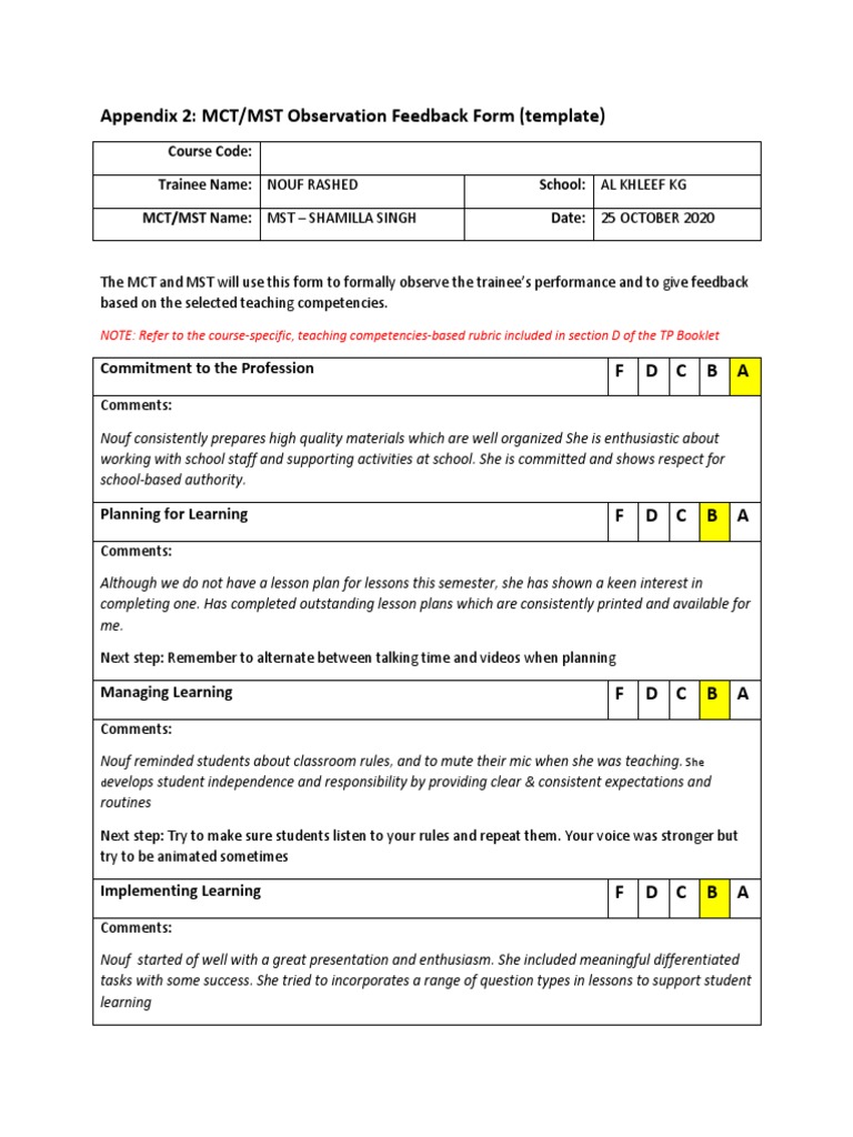 Appendix 2: MCT/MST Observation Feedback Form (Template) : Commitment ...