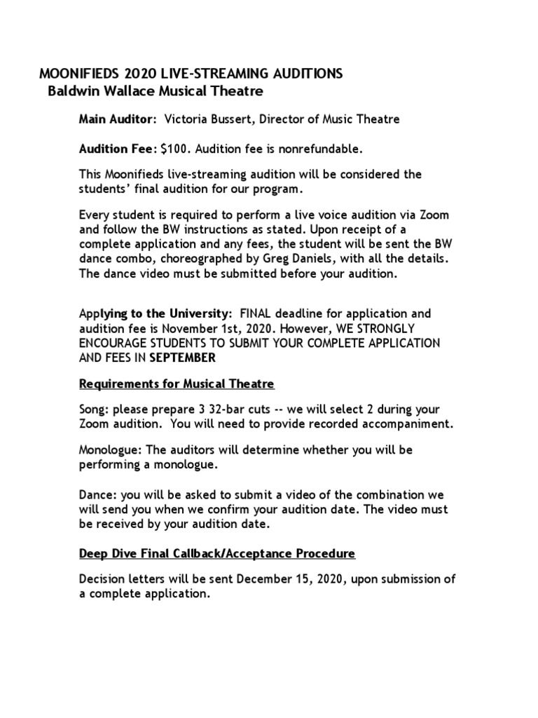 Moonifieds 2020 LiveStreaming Auditions Baldwin Wallace Musical