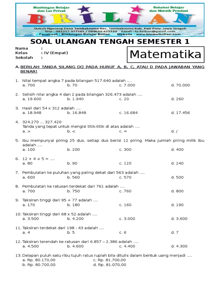 Soal UTS Matematika Kelas 4 SD Semester 1 (Ganjil) Dan Kunci Jawaban ...