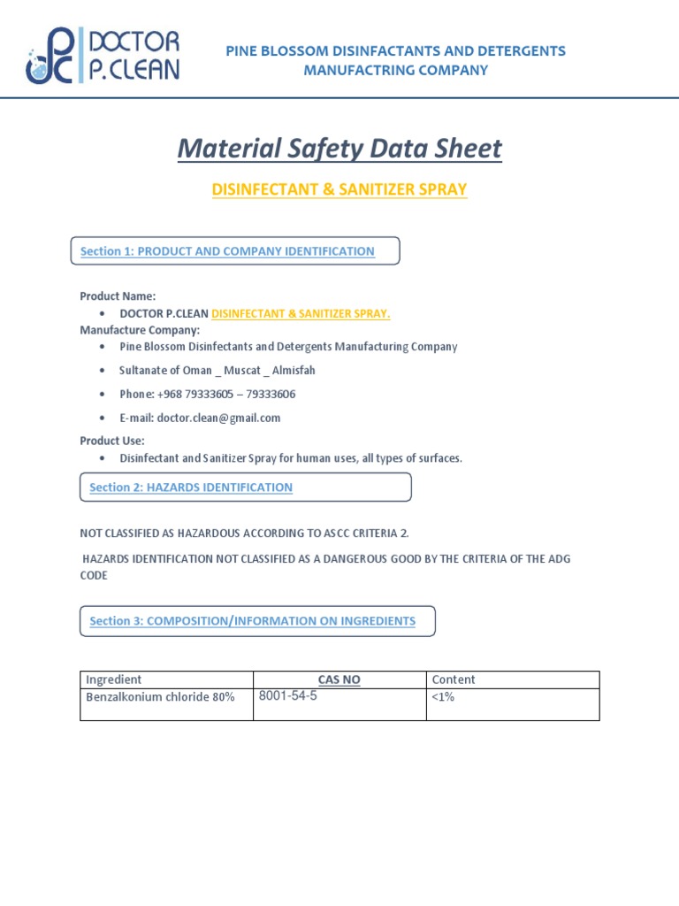 Dr. P. Clean MSDS | PDF | Disinfectant | Toxicity
