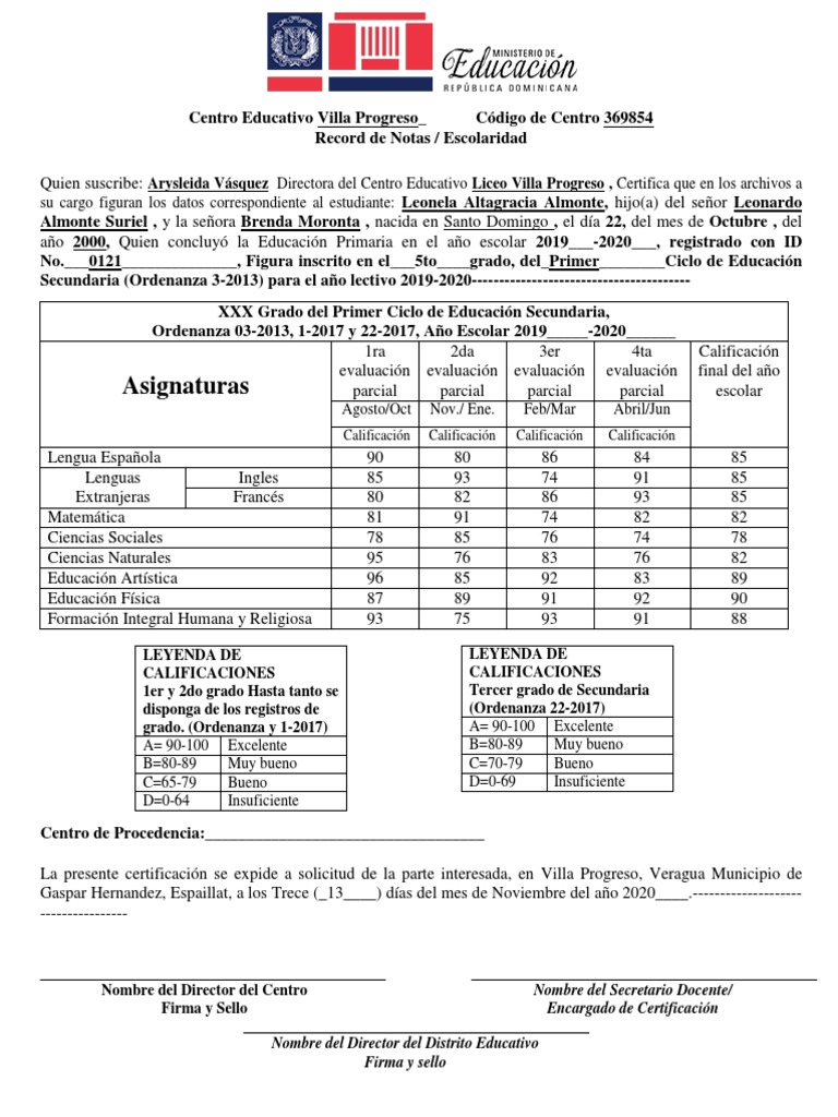 Certificación de Notas Leonela Almonte | PDF | Cognición | Etapas ...