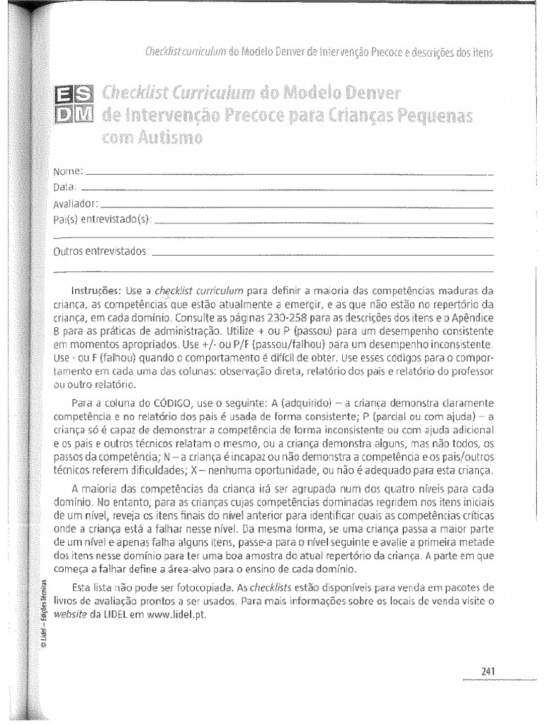 Checklist Denver Avaliação PDF | PDF