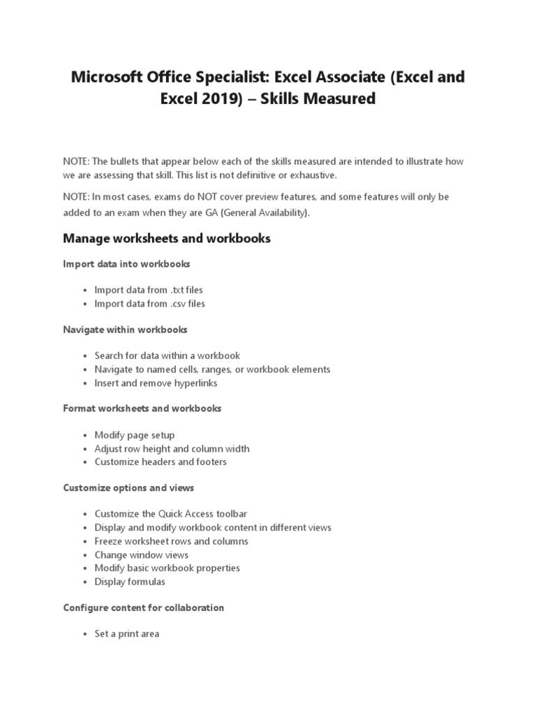 Excel Associate Skills Overview | PDF | Microsoft Excel | Spreadsheet