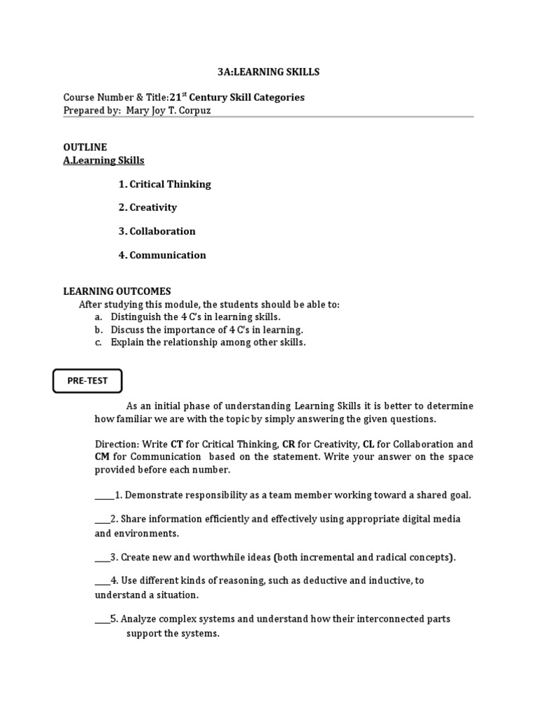 3A:Learning Skills Century Skill Categories | Download Free PDF ...