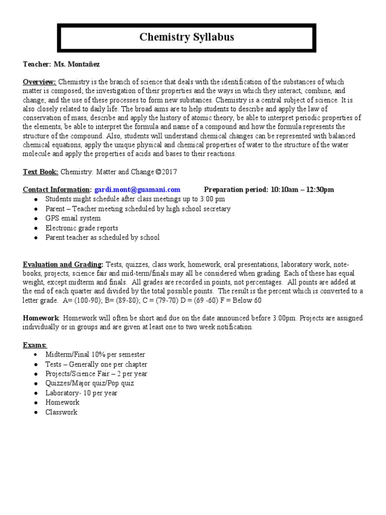 Chemistry Syllabus 2020 PDF Molecules Chemistry
