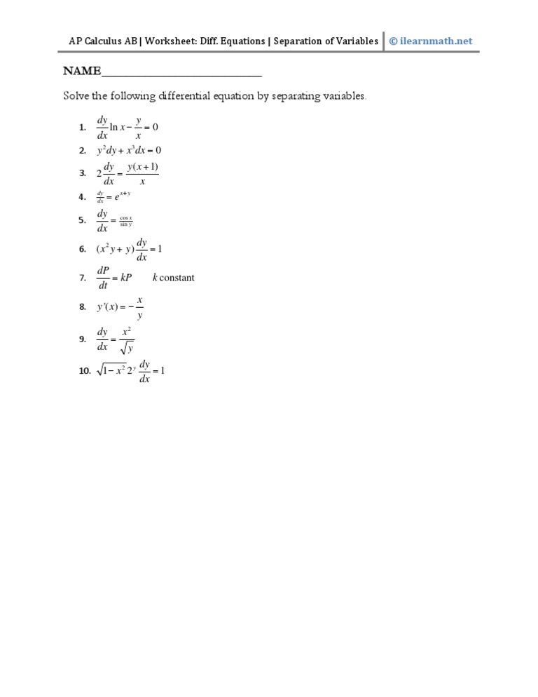 Separation of Variables Worksheet - 2010 - 2011 - AP CALCULUS AB/BC | PDF
