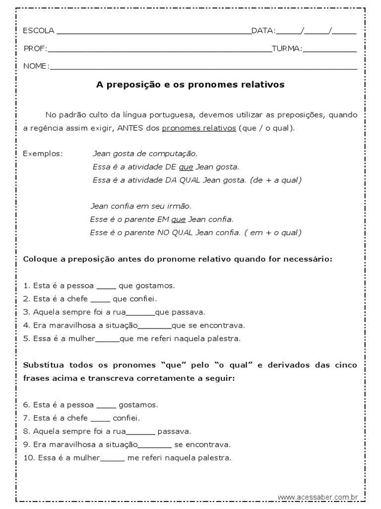 A Preposição e Os Pronomes Relativos | PDF | Preposição e posposição ...