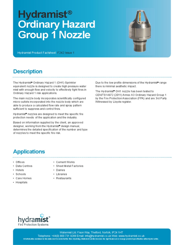 Ordinary Hazard Group 1 Nozzle Hydramist PDF Fire Sprinkler System Building Engineering