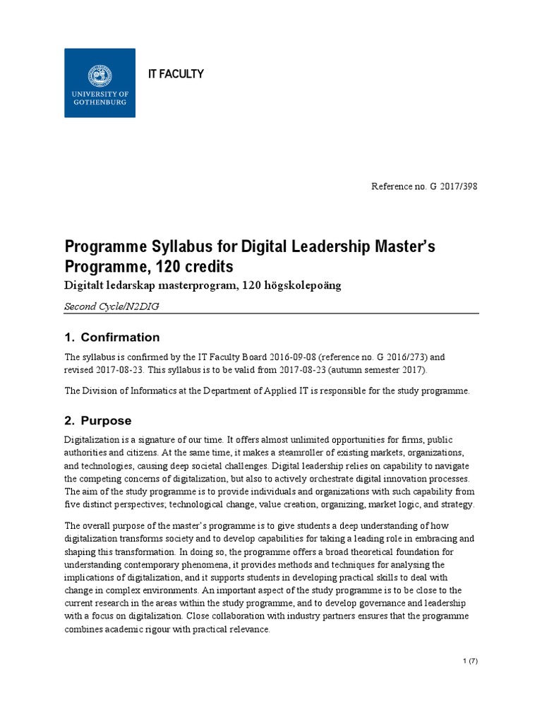 Programme Syllabus For Digital Leadership Master S Programme 120