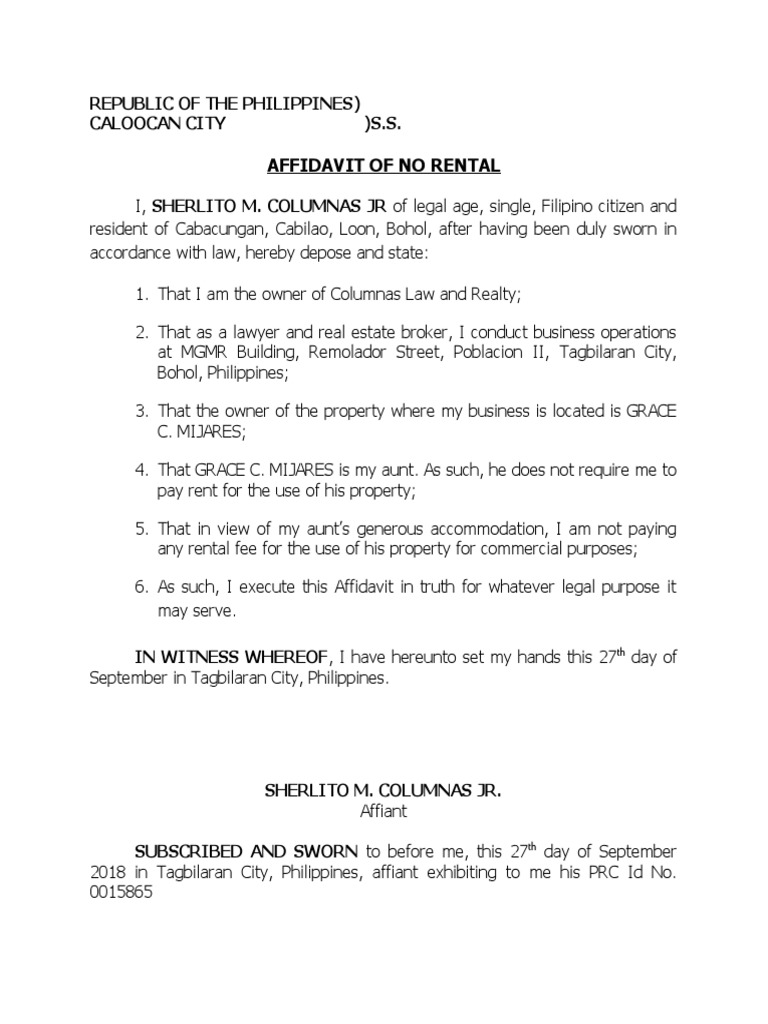 Affidavit of No Rental Agreement | PDF | Law