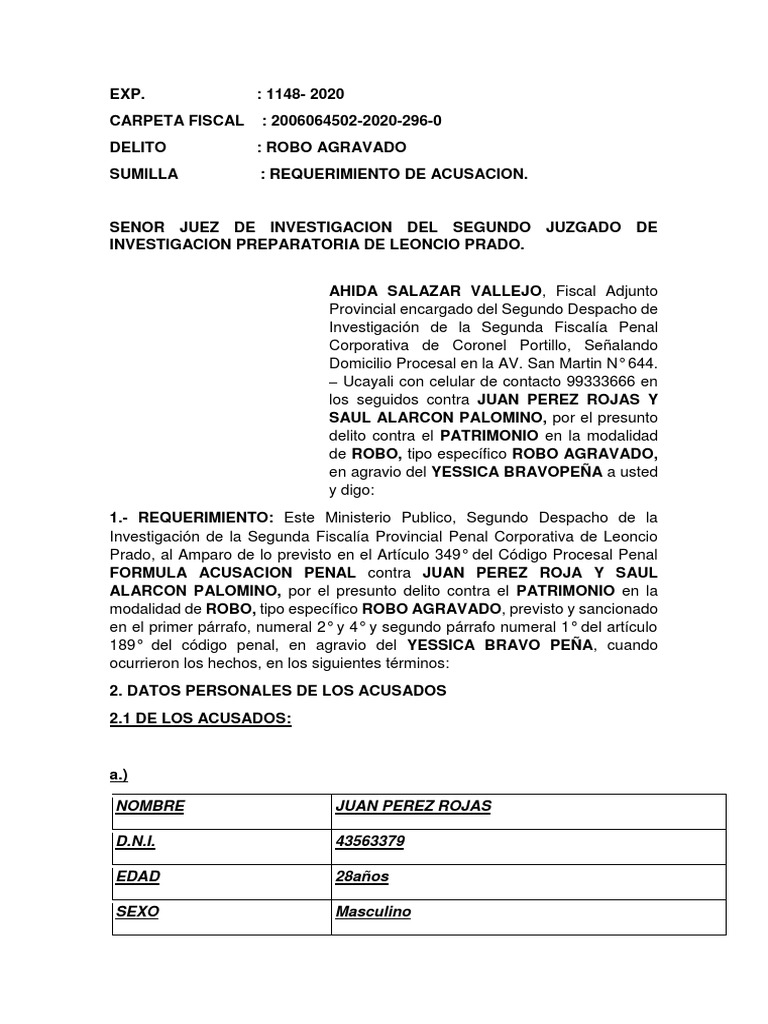 Requerimiento de Acusacion Robo Agravado 2020 PDF | PDF | Robo ...