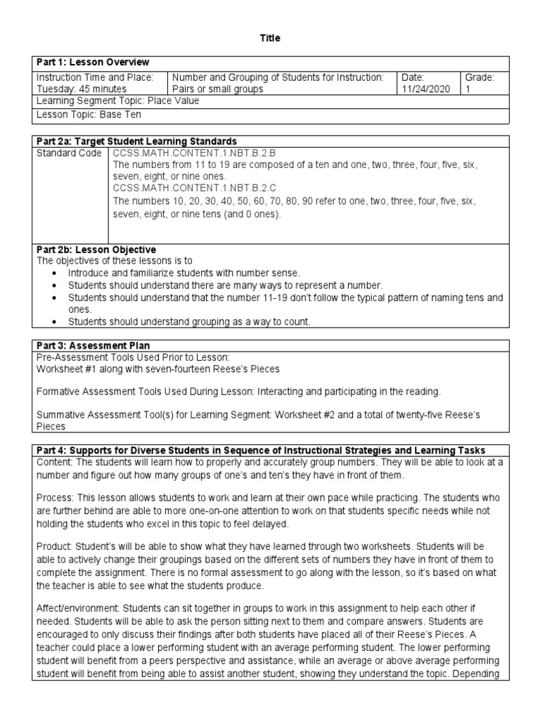 First Grade Place Value Lesson Plan | PDF | Worksheet | Teachers