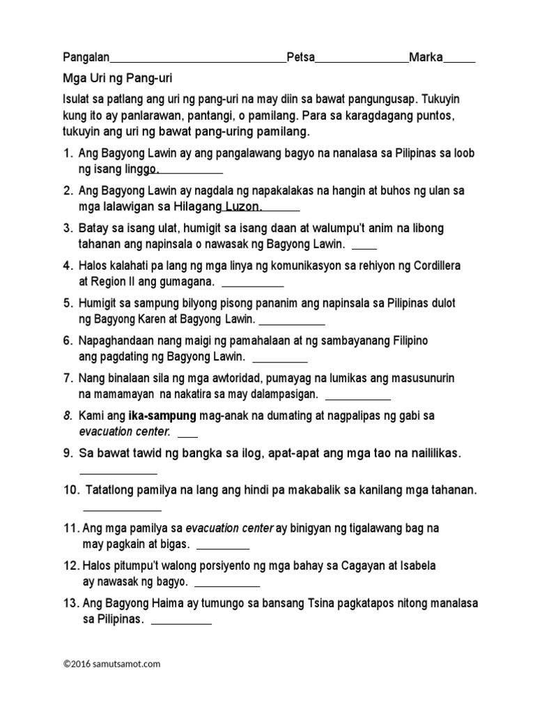 mga uri ng pang uri worksheet 1 pdf