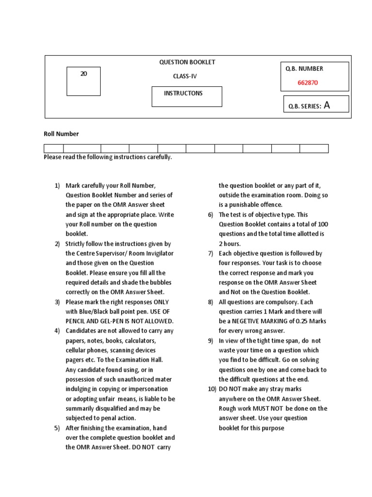 Class IV Question Paper PDF Nature
