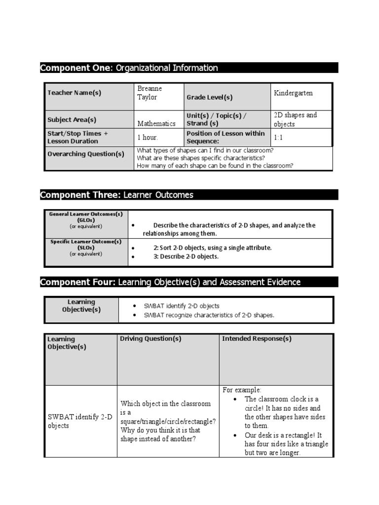 Kindergarten 2D Shapes Lesson Plan | PDF | Language Arts & Discipline