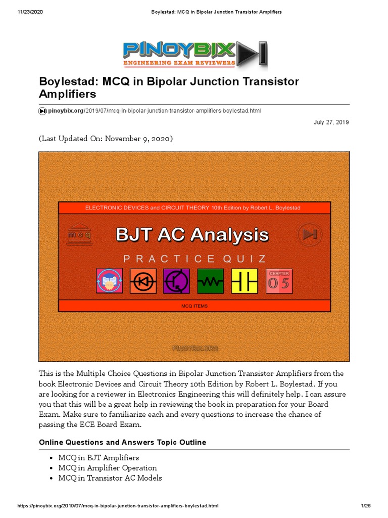 Boylestad MCQ in Bipolar Junction Transistor Amplifiers PDF