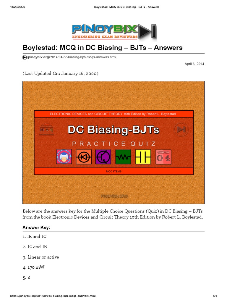Boylestad MCQ in DC Biasing BJTs Answers PDF Bipolar Junction
