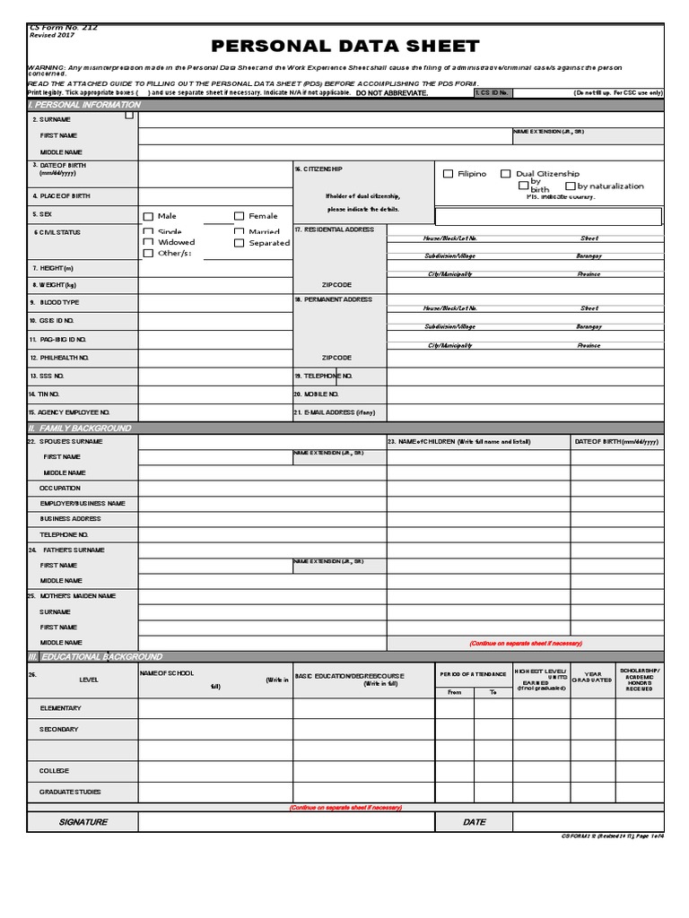 CS Form No. 212 Revised Personal Data Sheet 2 - New | PDF | Crime ...