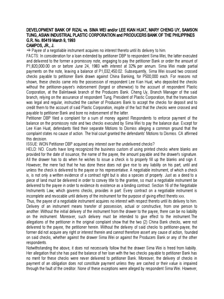 DBP vs. Sima Wei: Check Delivery Ruling | PDF | Cheque | Payments