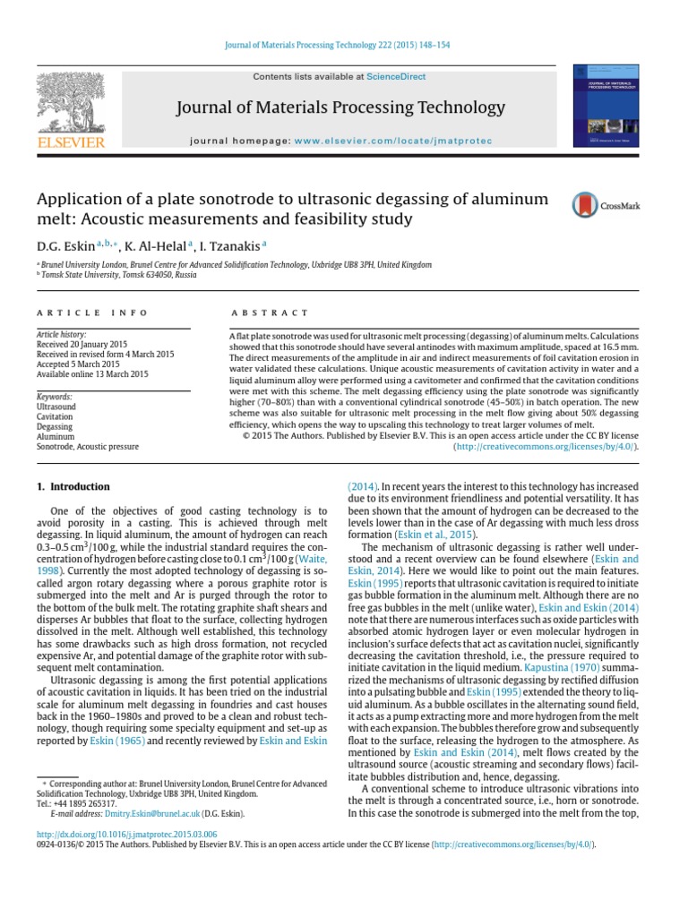 Journal of Materials Processing Technology: D.G. Eskin, K. Al-Helal, I ...