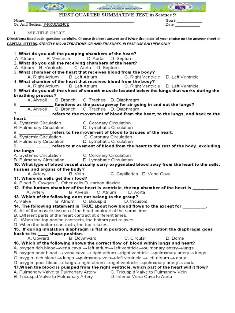 First Quarter Summative Test in Science 9 | PDF | Heart | Circulatory ...