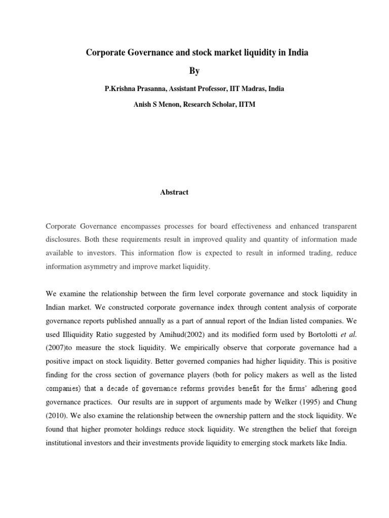 Corporate Governance and Stock Market Liquidity in India by | PDF ...