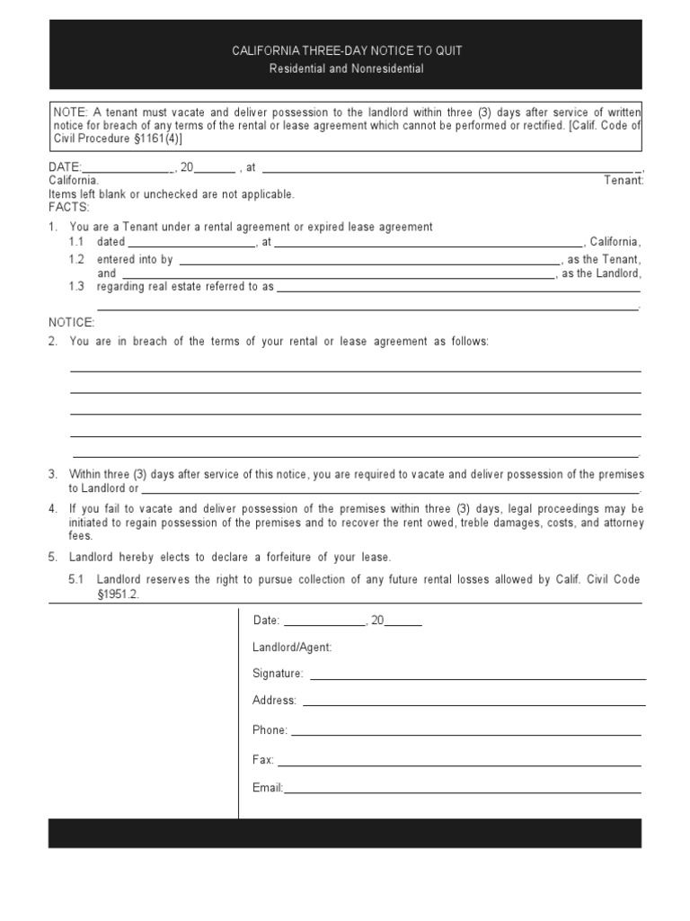 California 3 Day Notice To Quit Incurable | PDF | Landlord | Lease