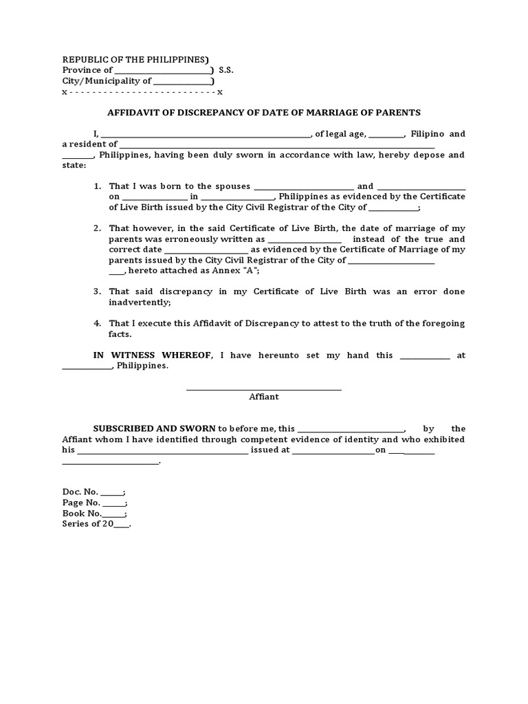 Affidavit of Marriage Date Discrepancy | PDF | Politics | Law
