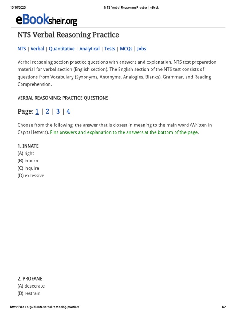 Nts verbal reasoning practice ebook pdf