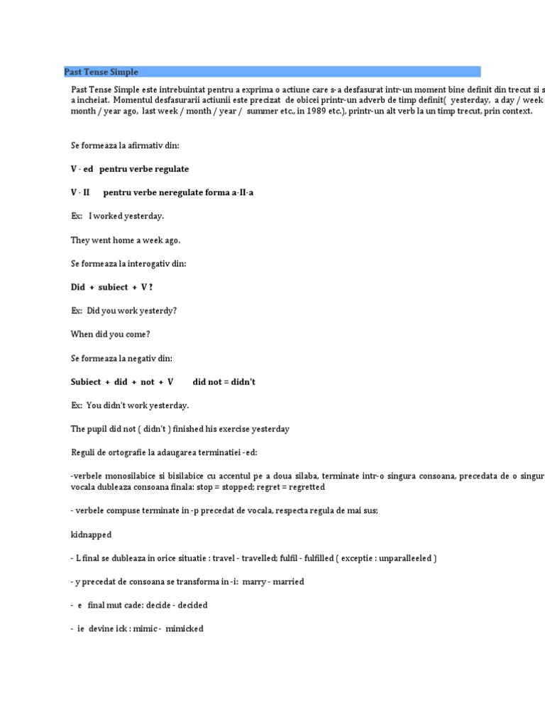 Past Tense Simple V Ed Pentru Verbe Regulate V II Pentru Verbe Neregulate Forma aIIa PDF