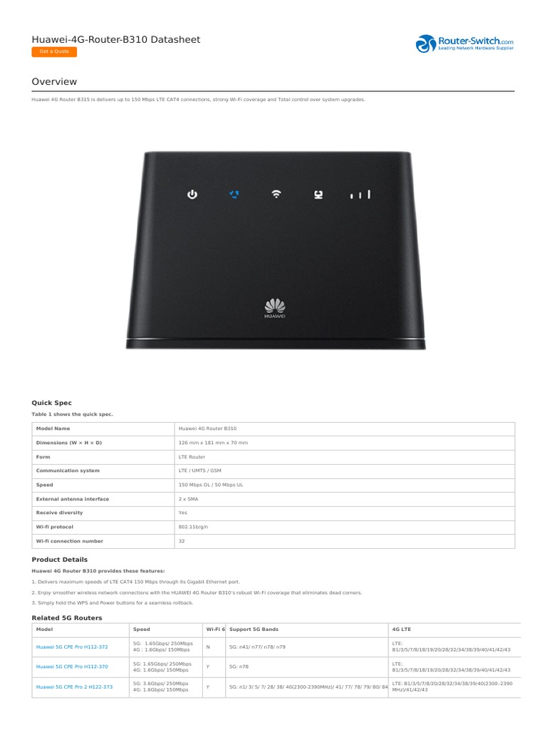 Huawei 4g Router b310 Datasheet PDF 4 G Lte