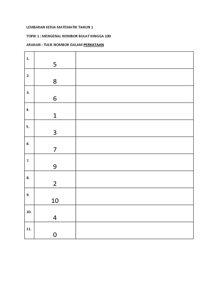 Lembaran Kerja Matematik Tahun 1 Docx