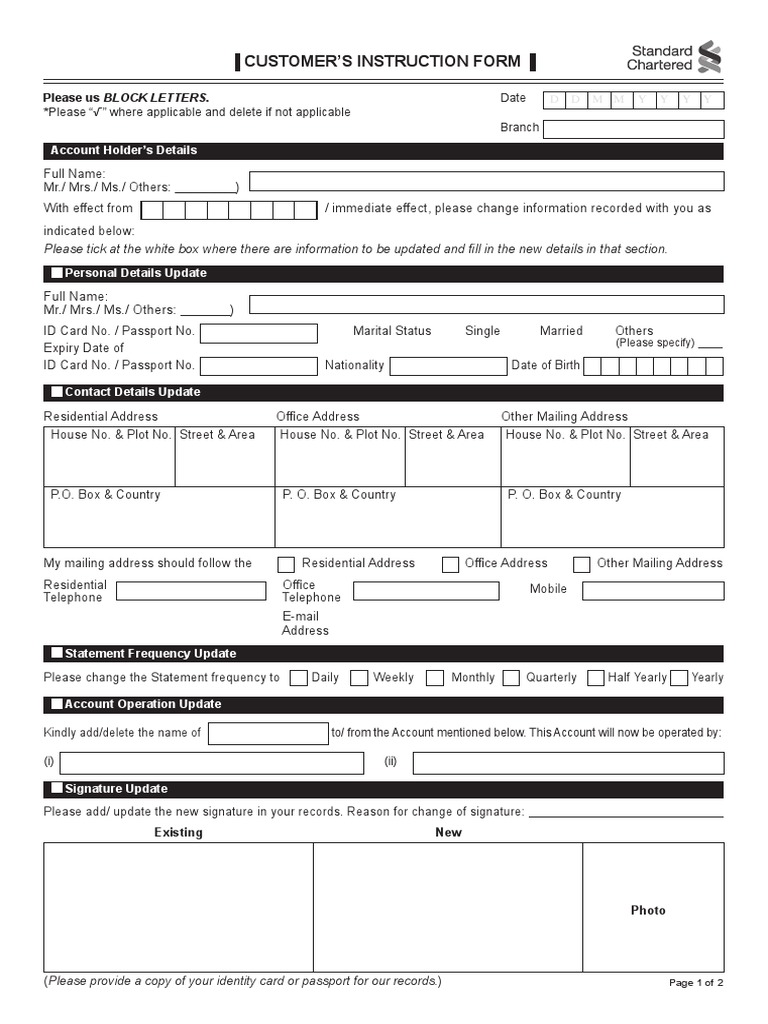 Customer Instruction Update Form | PDF | Deposit Account | Banks