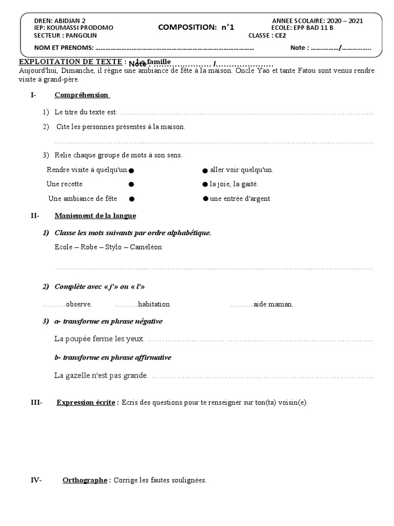 Lordre Alphabétique Ce2 Exercices Pdf Composition Francais CE2. 2020-2021 | PDF