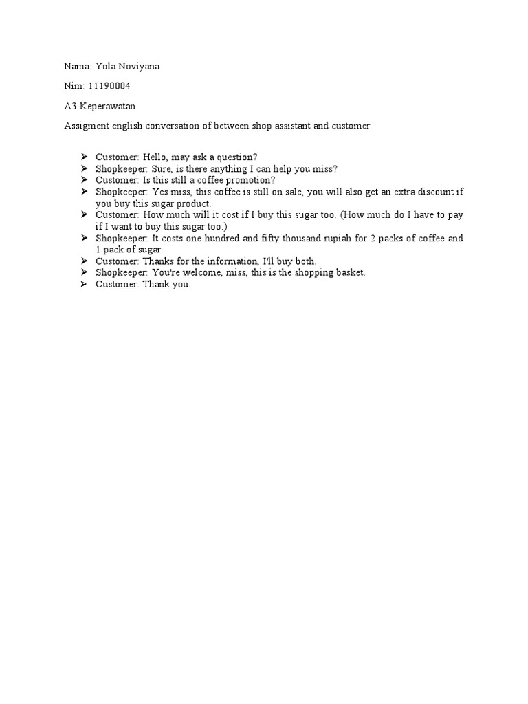 Conversation Of Between Shopkeeper And Customer Pdf