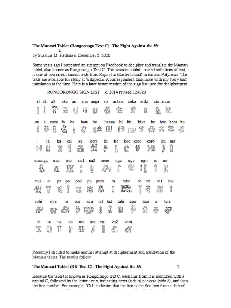 The Mamari Tablet (Rongorongo Text C) : The Fight Against The Hi | PDF ...
