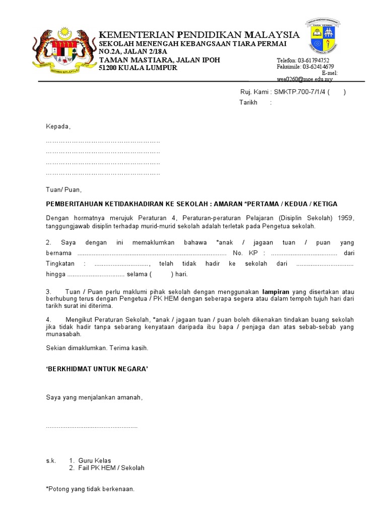 Surat Amaran Tak Hadir Sekolah Pdf