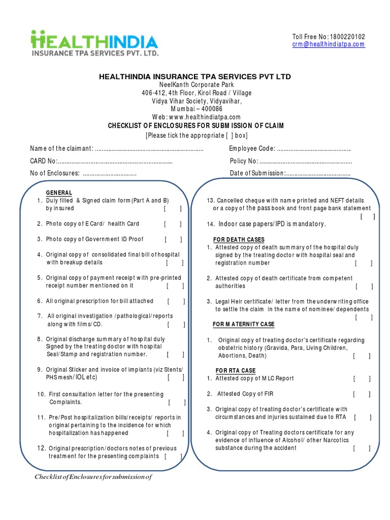 Health India TPA Claim Submission Guide | PDF | Identity Document ...