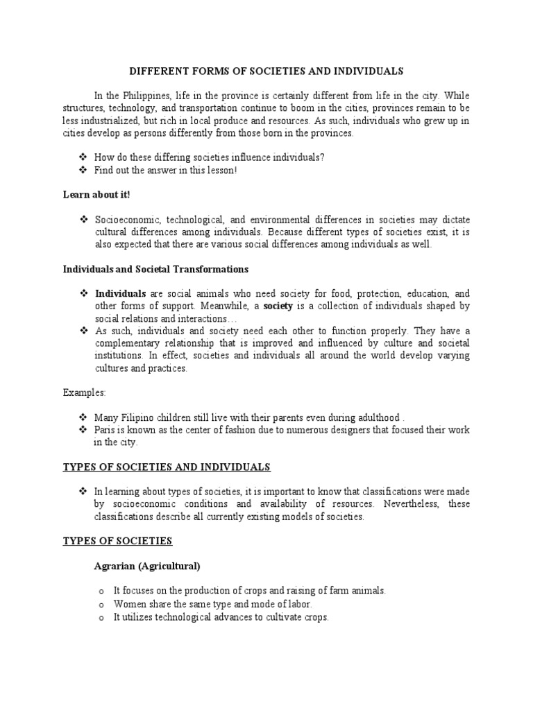 Different Forms of Societies and Individuals PDF Society Policy