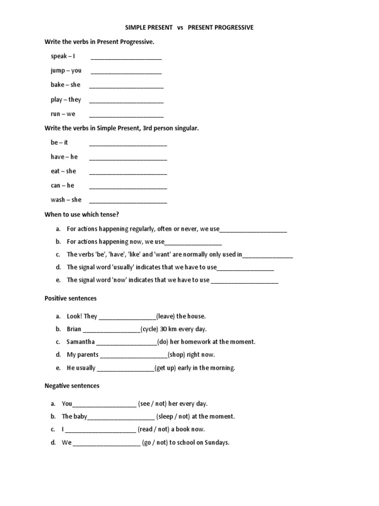 Simple Present vs Present Progressive Worksheet | PDF | Verb | Morphology