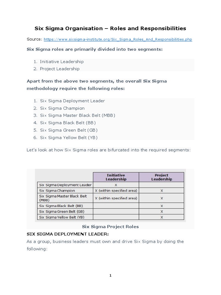 Six Sigma Roles and Responsibilities | PDF | Six Sigma | Survey Methodology
