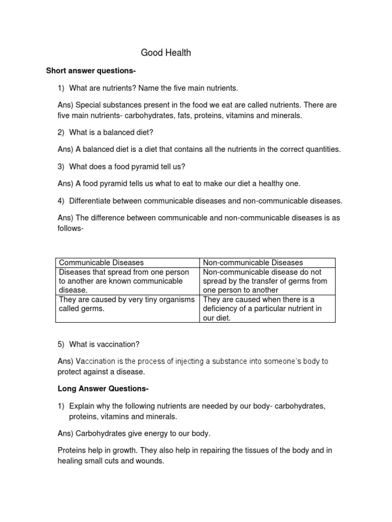 Good Health Short Answer Questions PDF Nutrients Vitamin