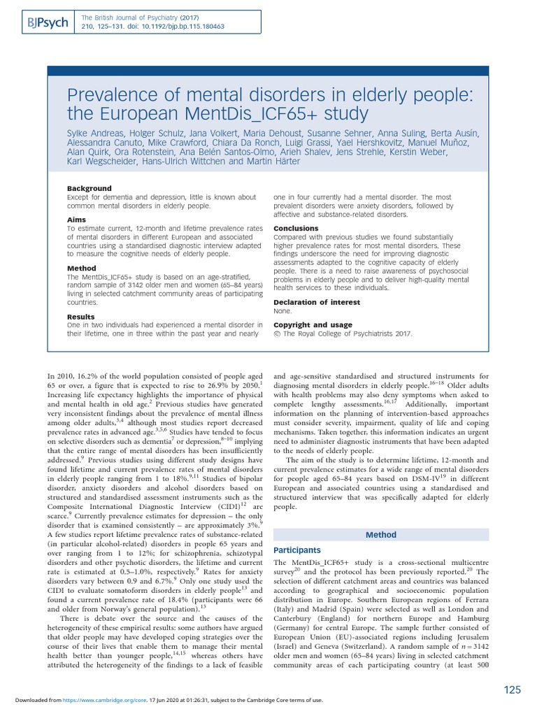 Prevalence of Mental Disorders in Elderly People: The European Mentdis ...