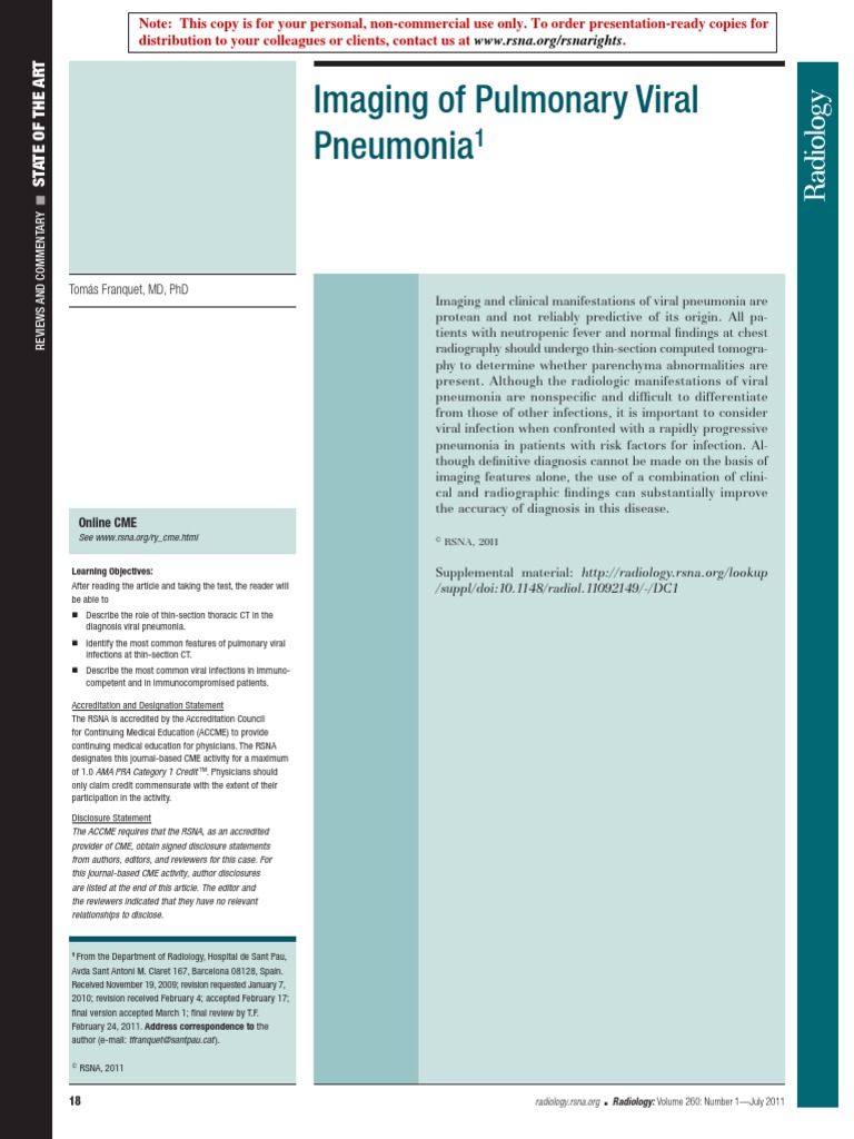 Imaging of Pulmonary Viral Pneumonia: Online CME | PDF | Pneumonia | Lung