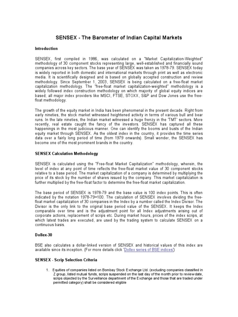 SENSEX The Barometer of Indian Capital Markets Dollex Series of BSE