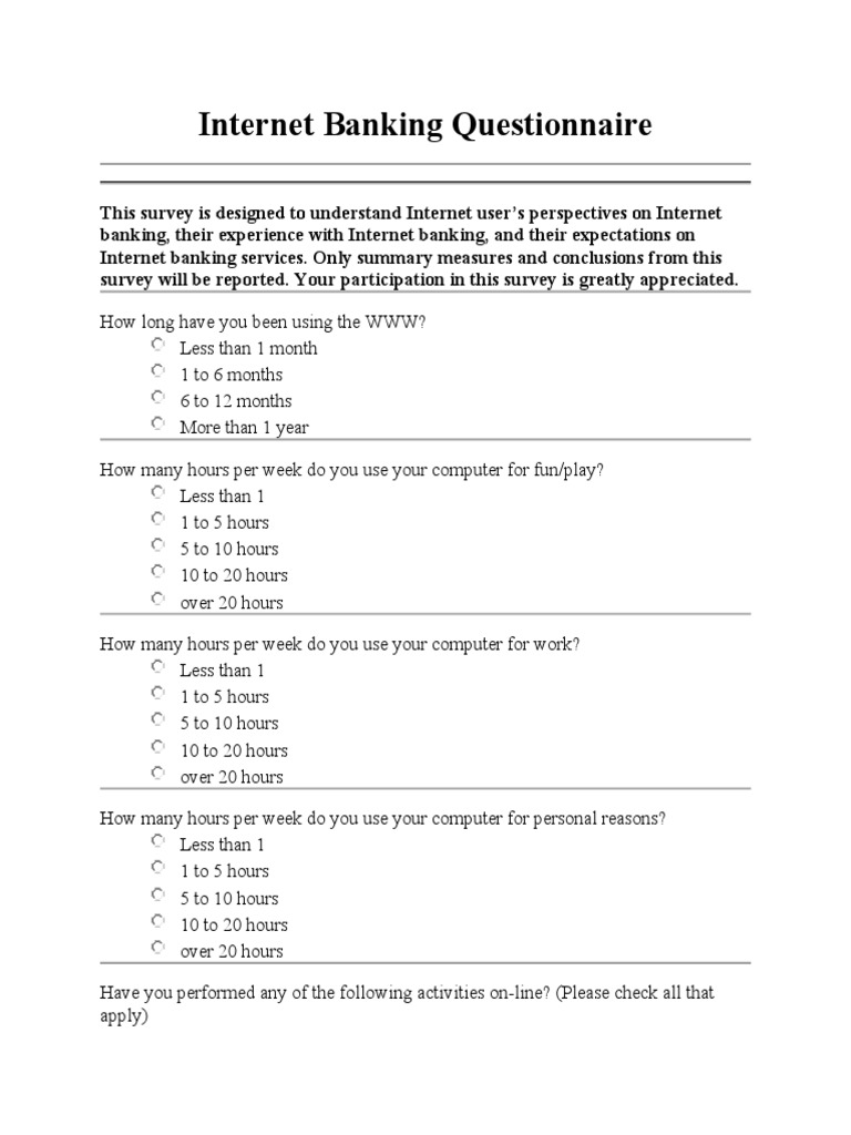 Banking Questionnaire PDF Online Banking Banks & Banking