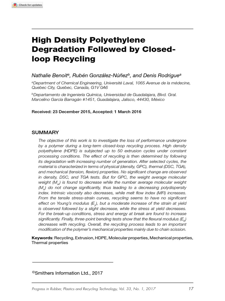 High Density Polyethylene Degradation Followed by ClosedLoop Recycling