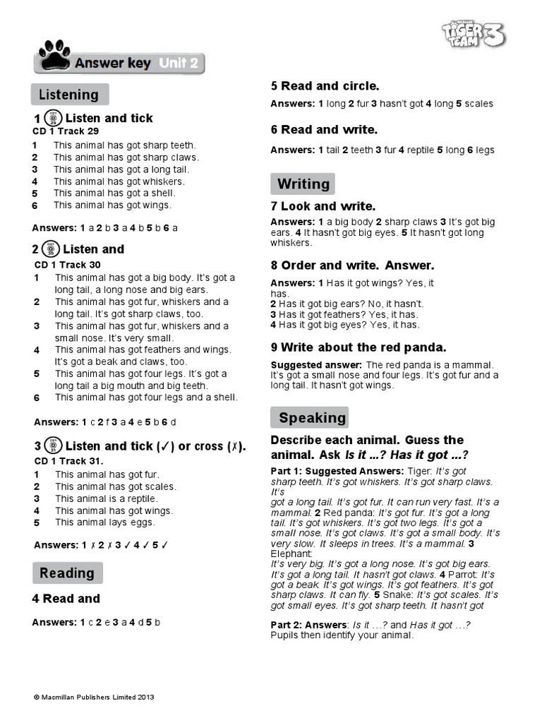 Unit 2: Answer Key | PDF | Mammals | Nature
